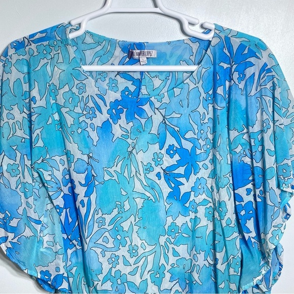 Jennifer Lopez Blouse Women's L Blue Floral Semi Sheer Kimono Sleeves Flowy Top - Picture 2 of 12